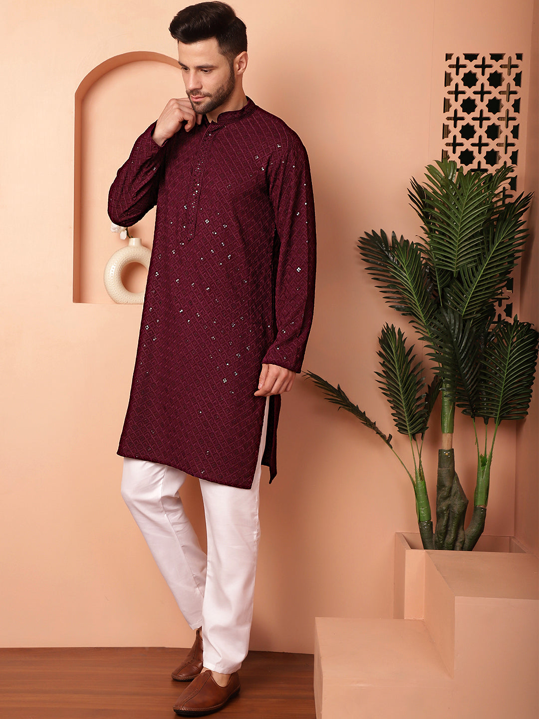 Burgundy Viscose Mirror Sequin Embroidered Kurta Pajama Set