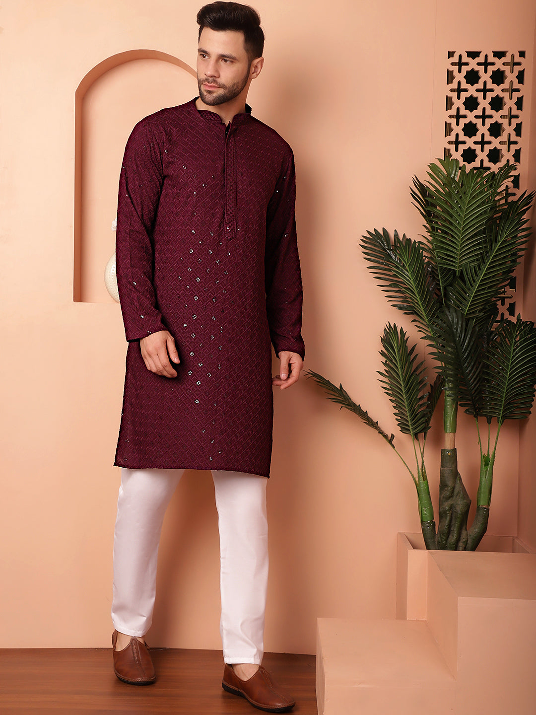 Burgundy Viscose Mirror Sequin Embroidered Kurta Pajama Set