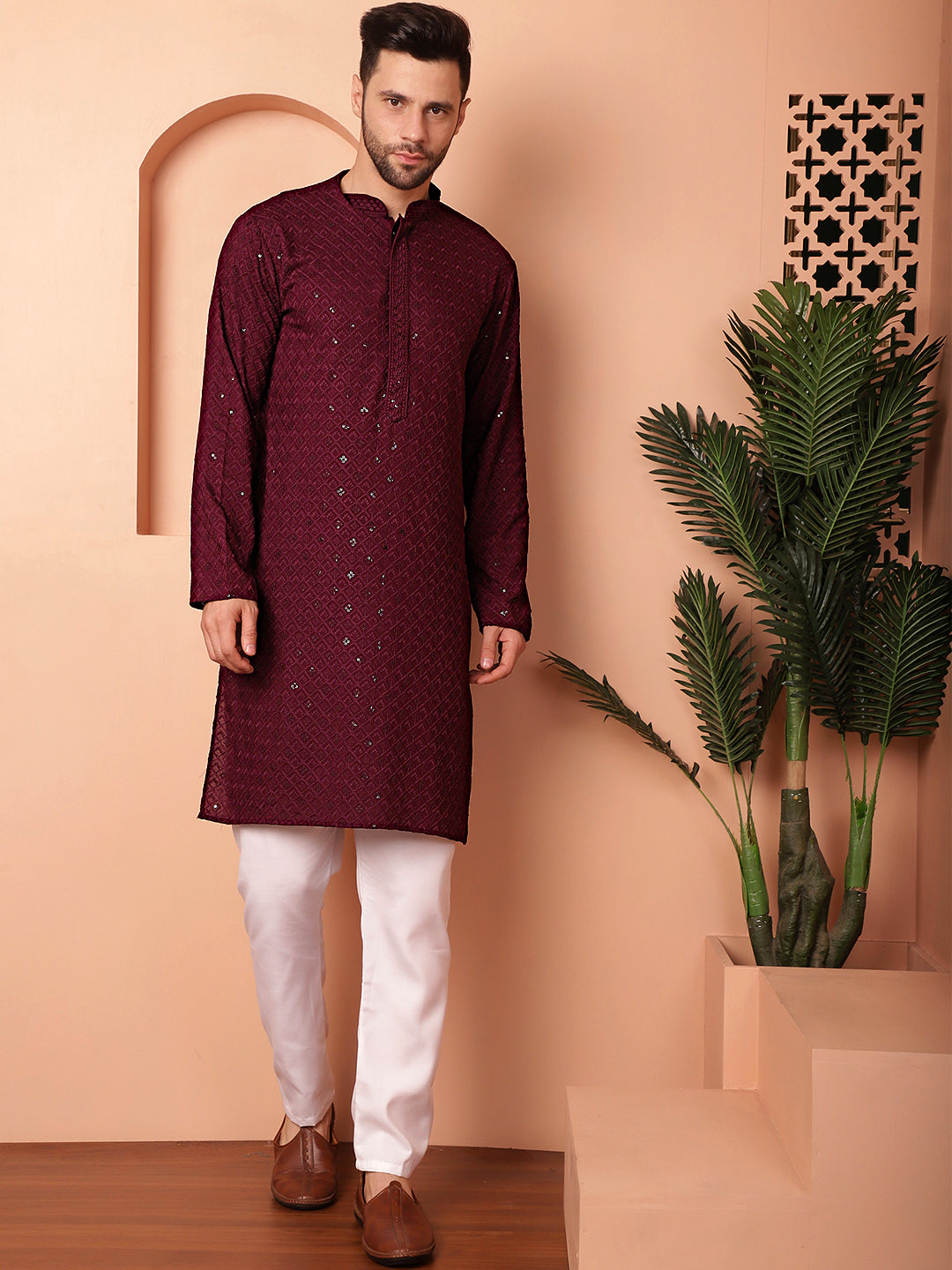 Burgundy Viscose Mirror Sequin Embroidered Kurta Pajama Set