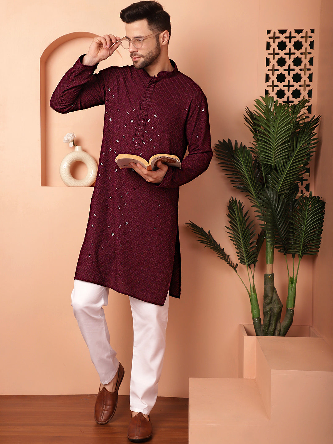 Burgundy Viscose Mirror Sequin Embroidered Kurta Pajama Set