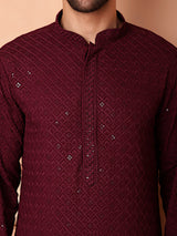 Burgundy Viscose Mirror Sequin Embroidered Kurta Pajama Set