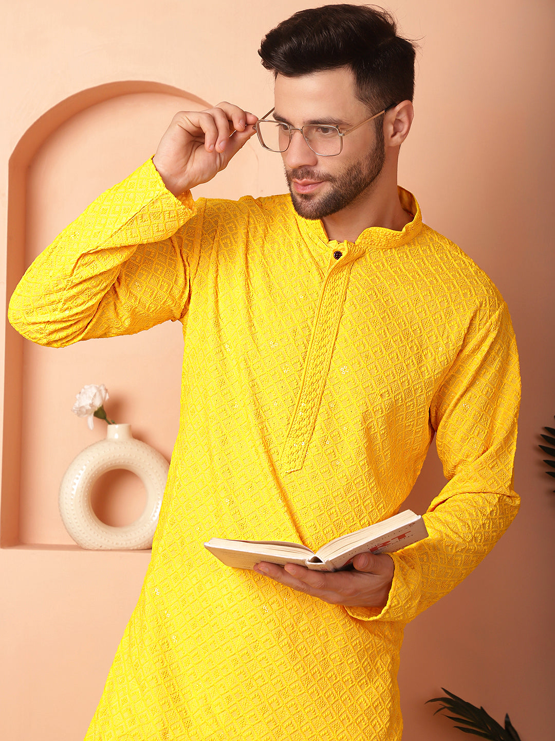 Yellow Viscose Embroidered Kurta Pajama Set