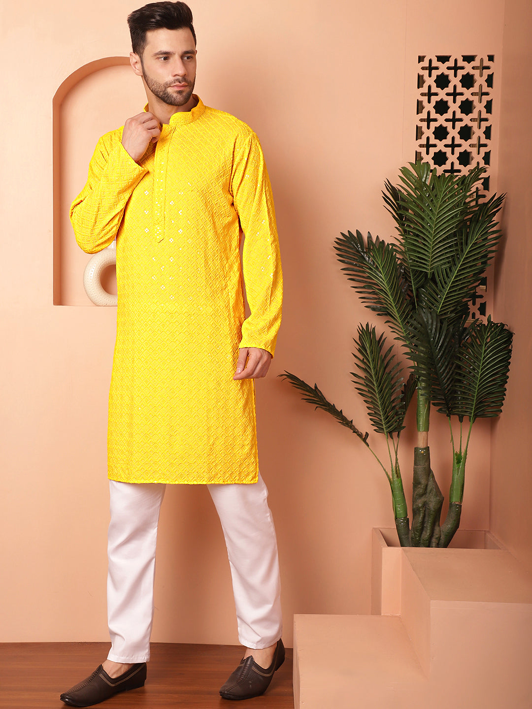 Yellow Viscose Embroidered Kurta Pajama Set