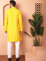 Yellow Viscose Embroidered Kurta Pajama Set