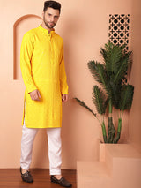 Yellow Viscose Embroidered Kurta Pajama Set