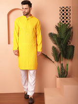 Yellow Viscose Embroidered Kurta Pajama Set