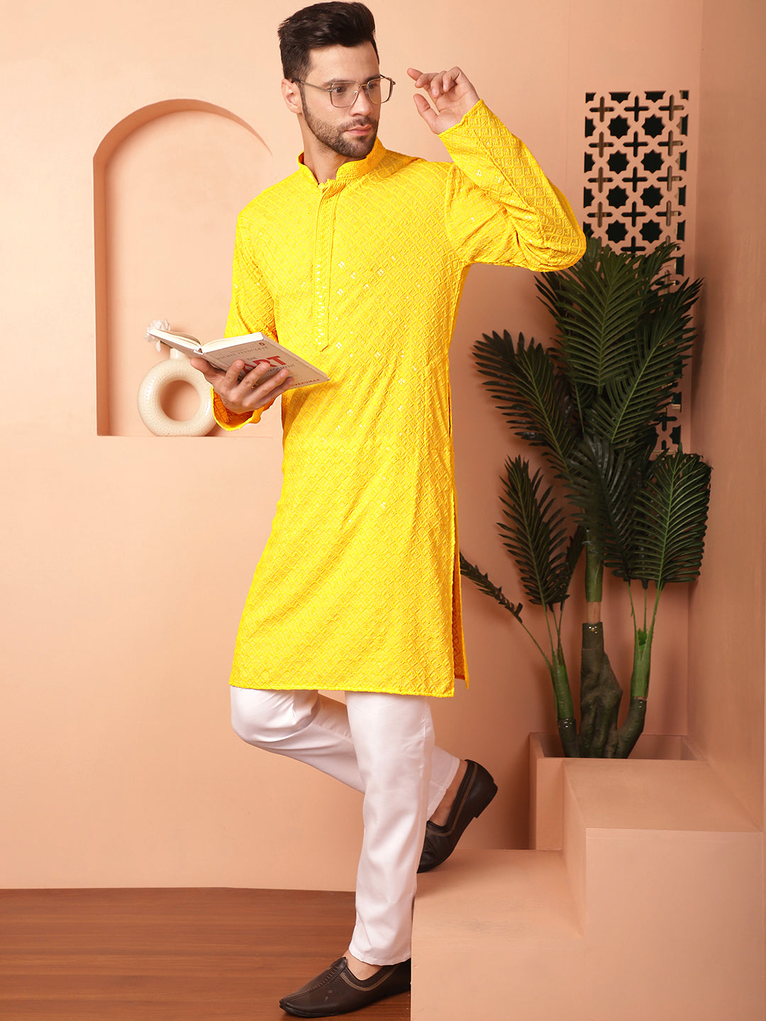 Yellow Viscose Embroidered Kurta Pajama Set