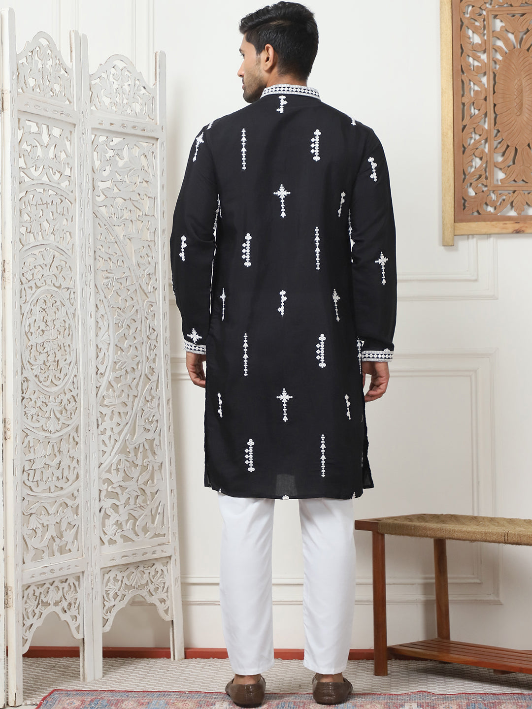 Black Silk Embroidered Kurta Pajama Set