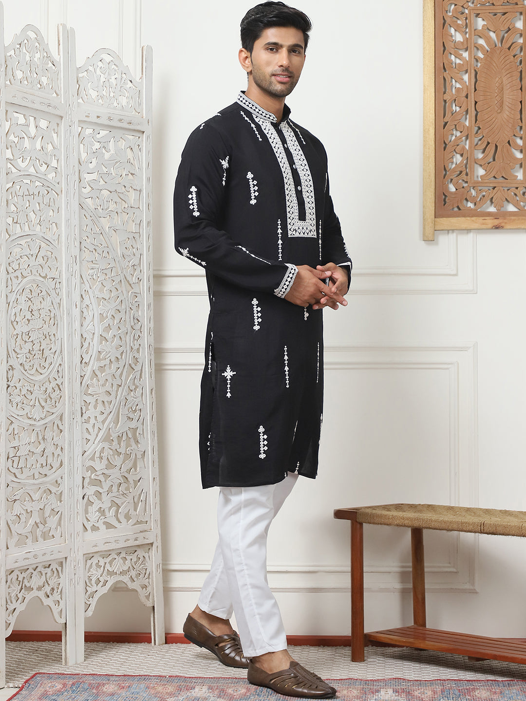 Black Silk Embroidered Kurta Pajama Set