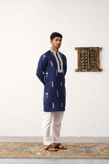 Navy Blue Silk Embroidered Kurta Pajama Set