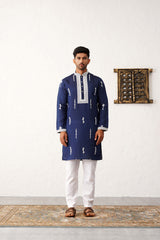 Navy Blue Silk Embroidered Kurta Pajama Set