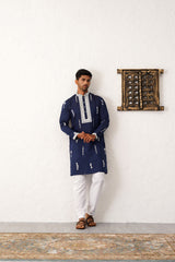 Navy Blue Silk Embroidered Kurta Pajama Set