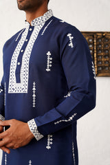 Navy Blue Silk Embroidered Kurta Pajama Set