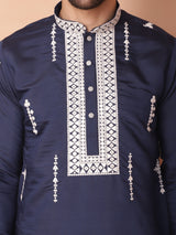 Navy Blue Silk Embroidered Kurta Pajama Set