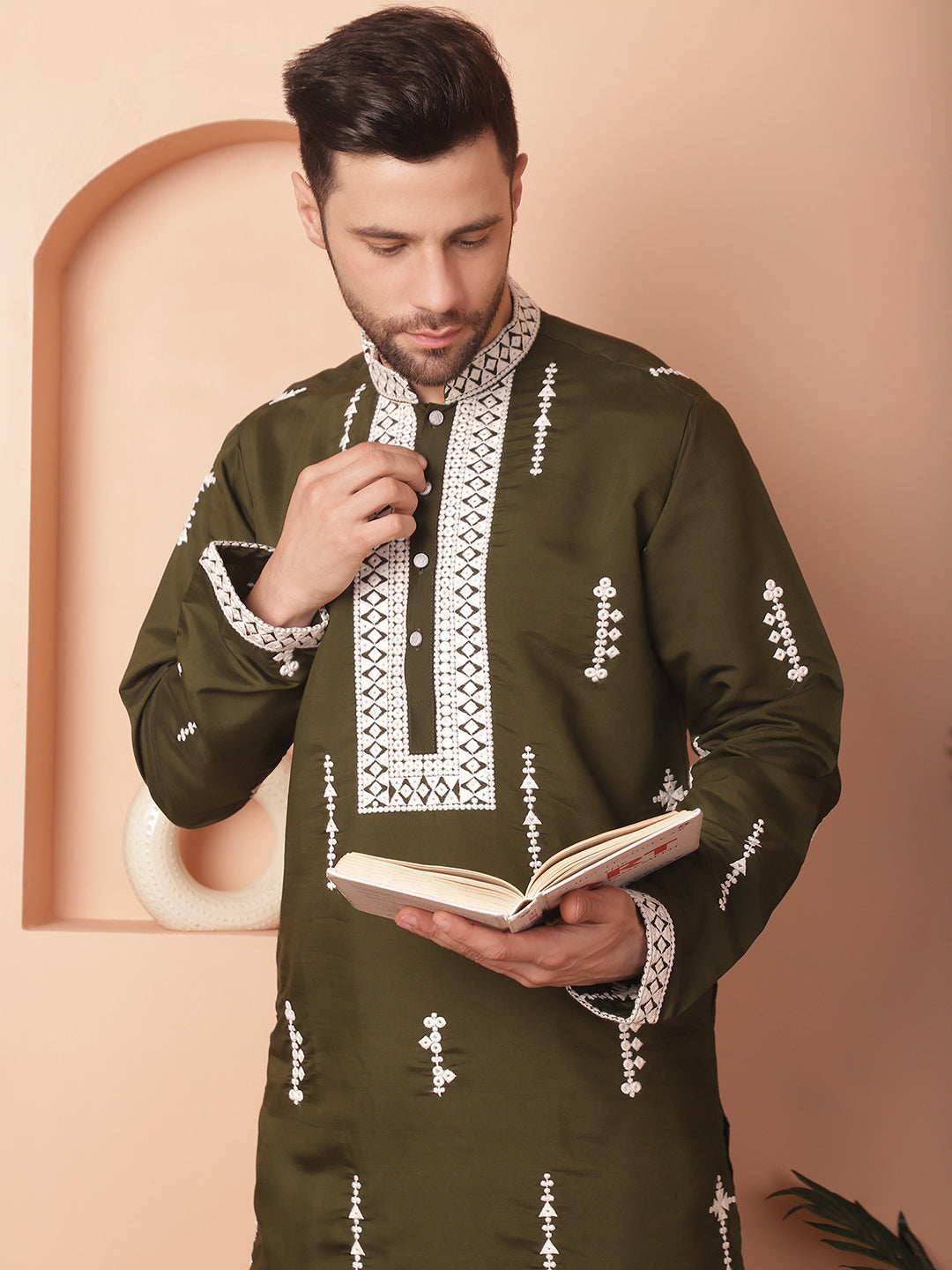 Olive Silk Embroidered Kurta Pajama Set