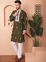 Olive Silk Embroidered Kurta Pajama Set