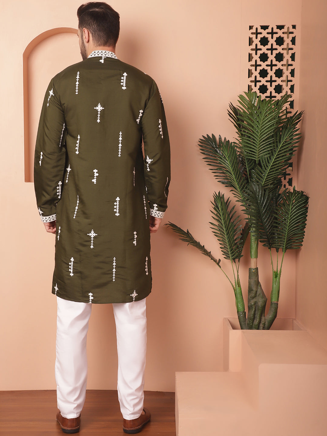 Olive Silk Embroidered Kurta Pajama Set