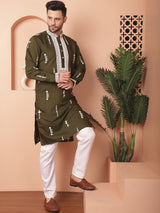 Olive Silk Embroidered Kurta Pajama Set