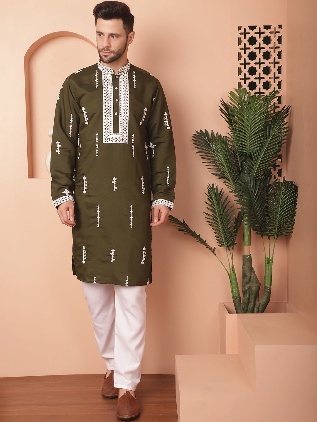 Olive Silk Embroidered Kurta Pajama Set