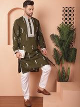 Olive Silk Embroidered Kurta Pajama Set