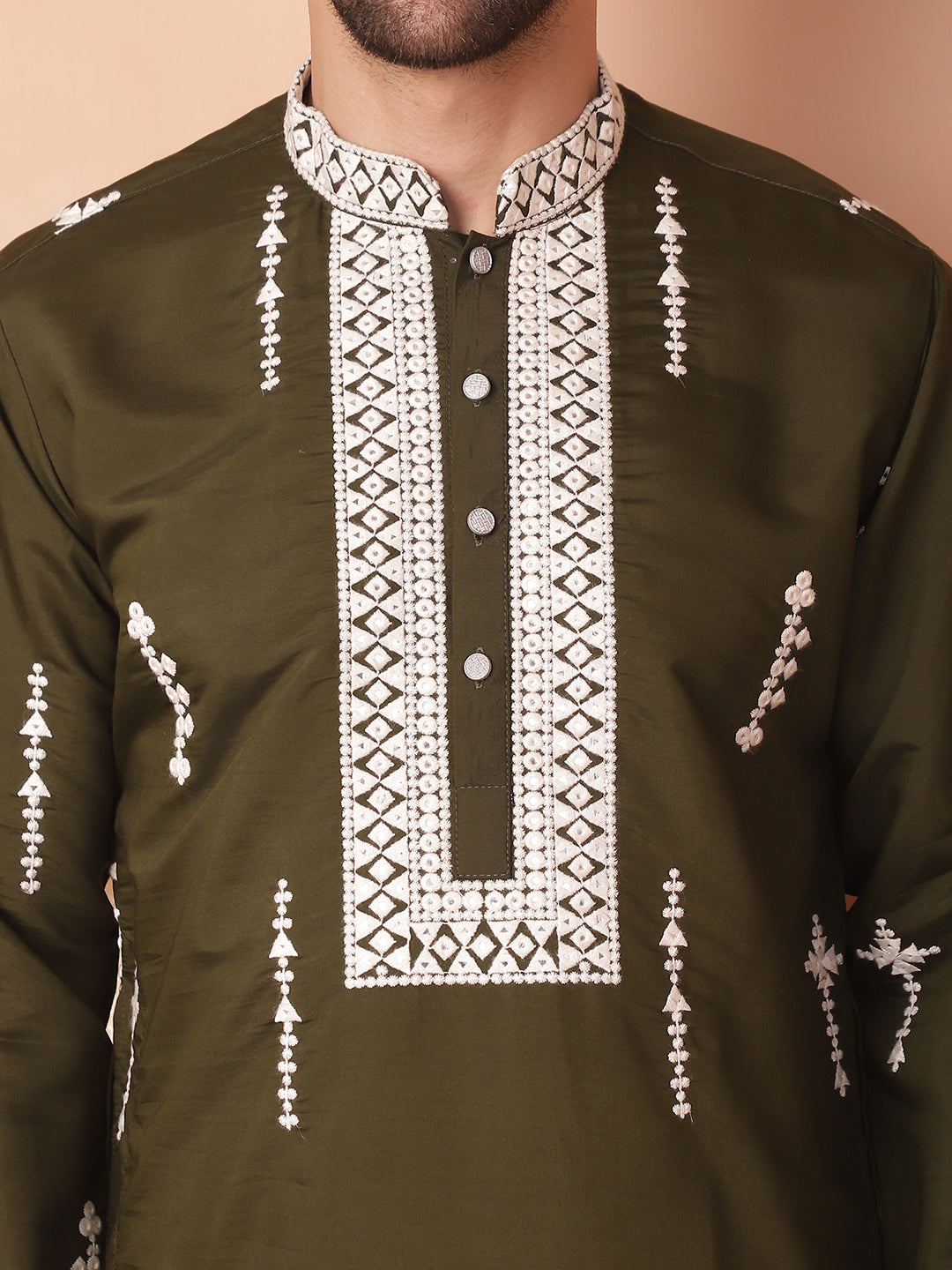 Olive Silk Embroidered Kurta Pajama Set