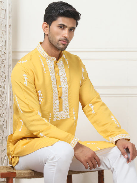 Yellow Silk Embroidered Kurta Pajama Set