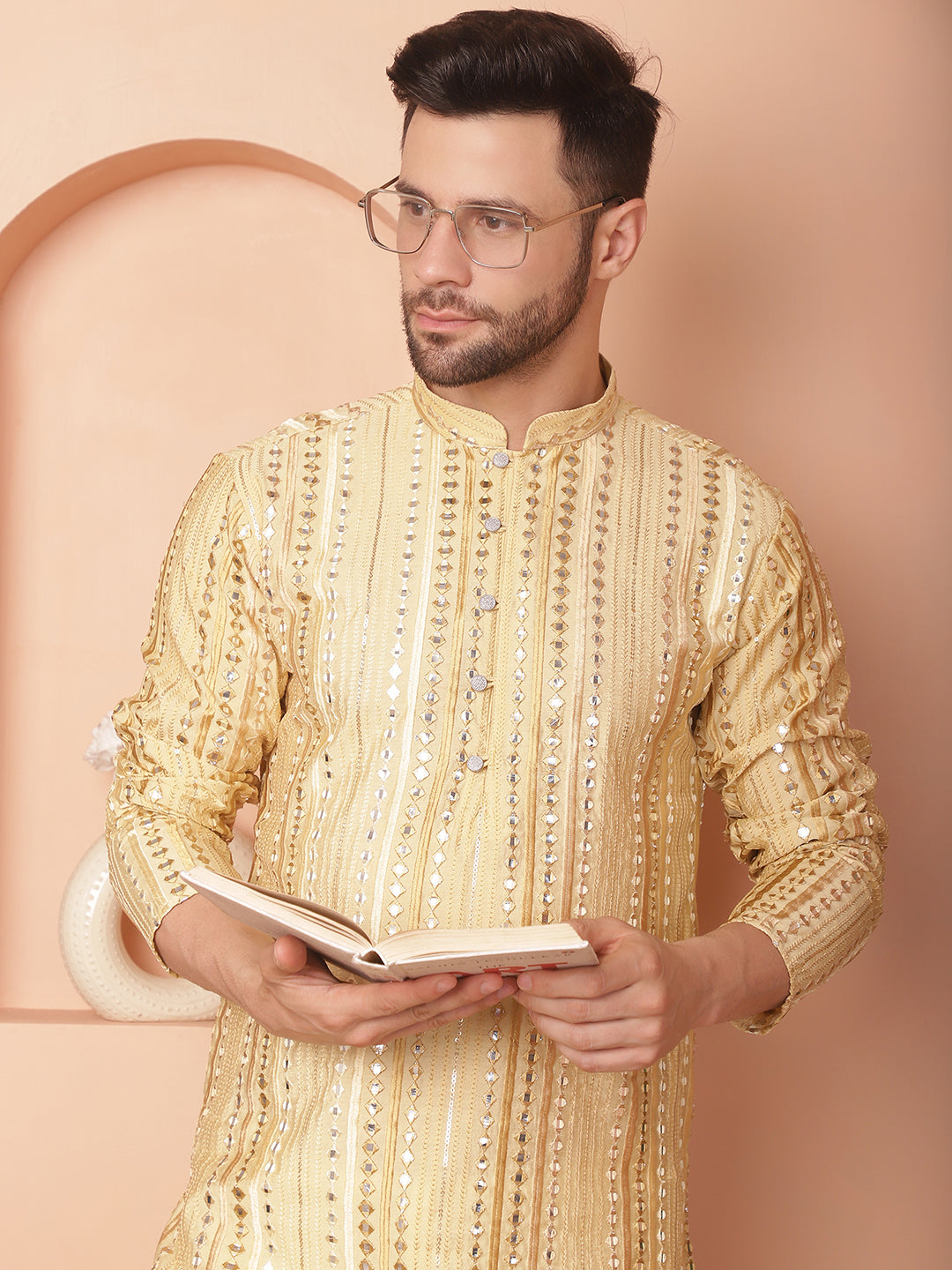 Beige Silk Mirror Sequin Embroidered Kurta Pajama Set