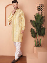 Beige Silk Mirror Sequin Embroidered Kurta Pajama Set