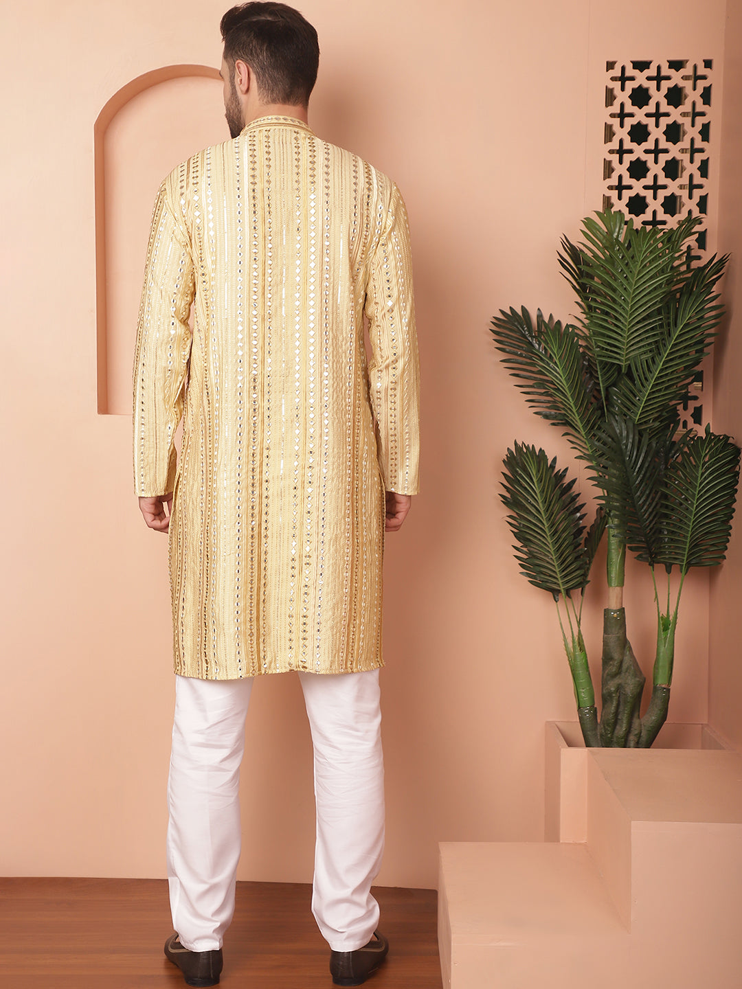 Beige Silk Mirror Sequin Embroidered Kurta Pajama Set