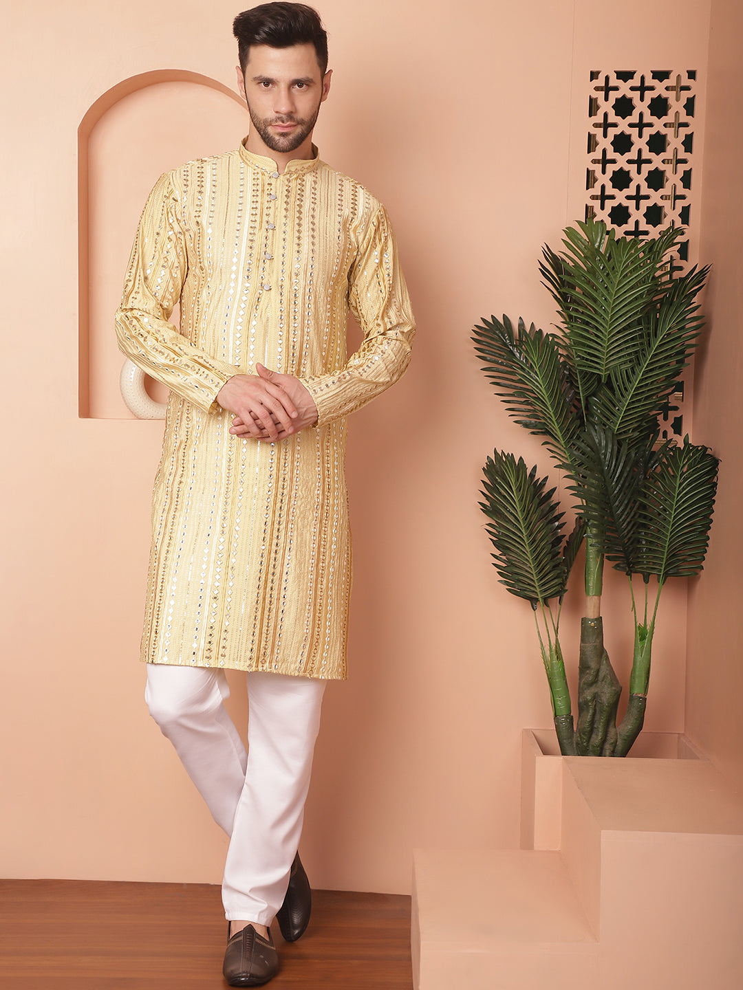 Beige Silk Mirror Sequin Embroidered Kurta Pajama Set