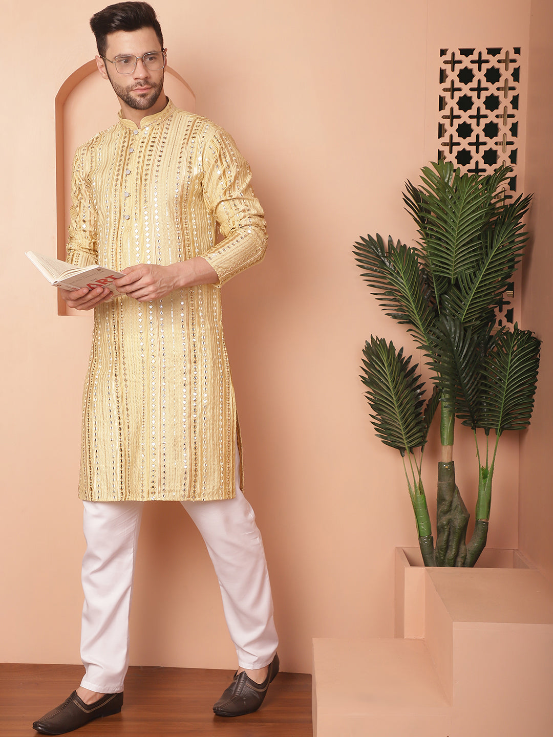 Beige Silk Mirror Sequin Embroidered Kurta Pajama Set