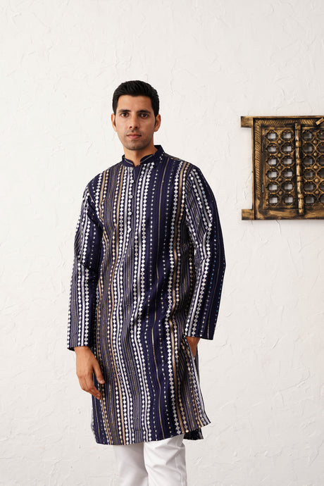 Navy Blue Silk Mirror Sequin Embroidered Kurta Pajama Set