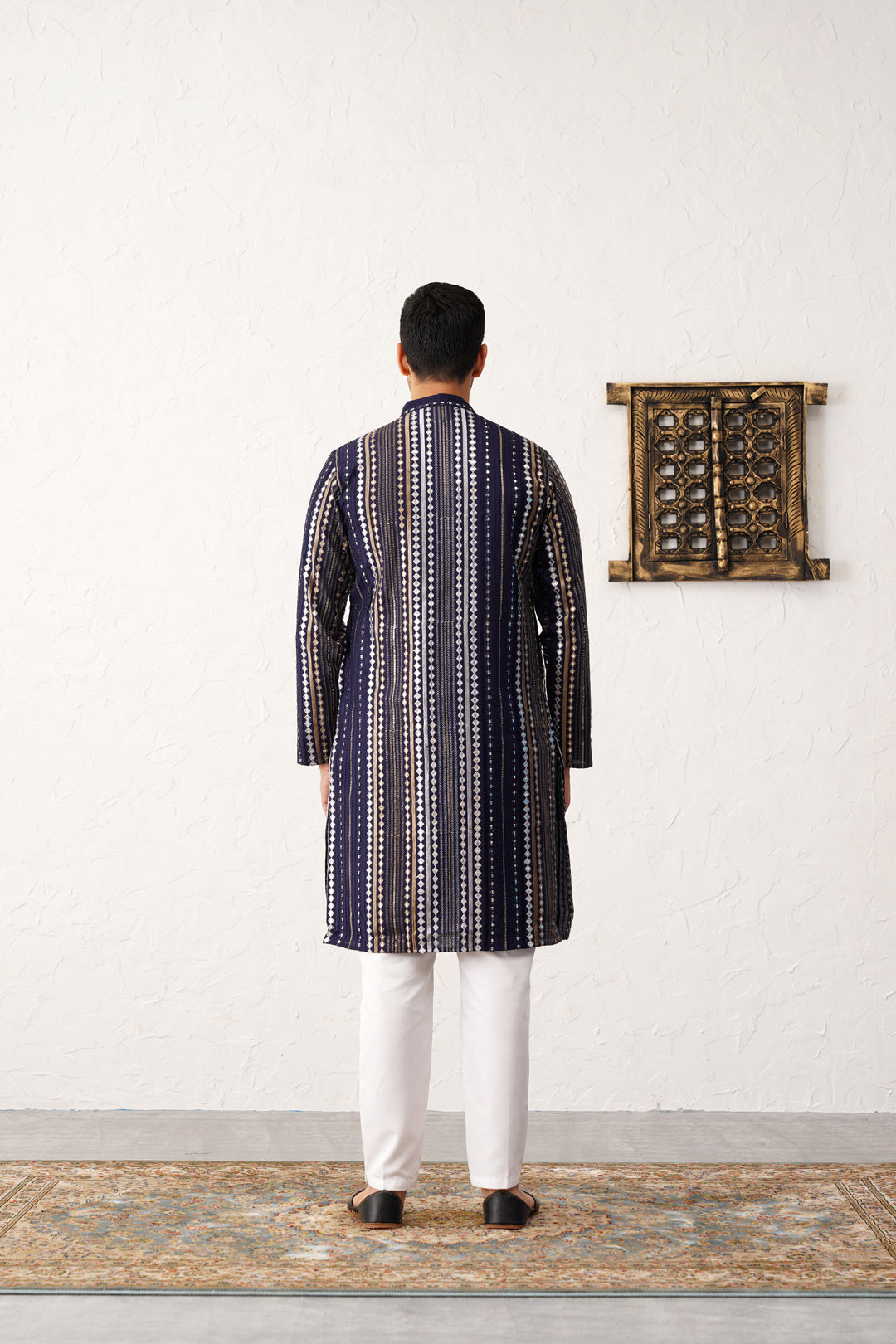 Navy Blue Silk Mirror Sequin Embroidered Kurta Pajama Set