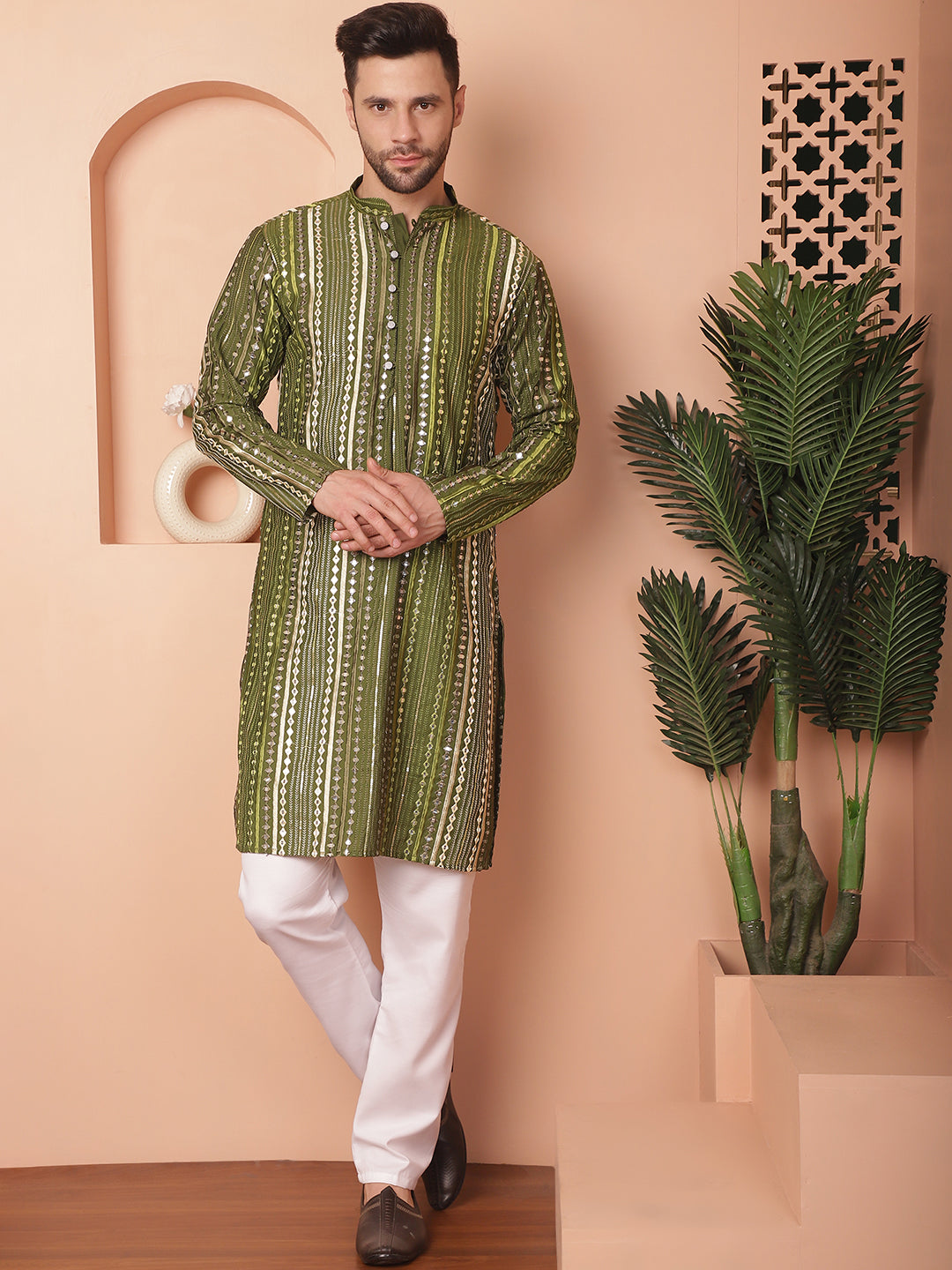 Green Silk Embroidered Kurta Pajama Set