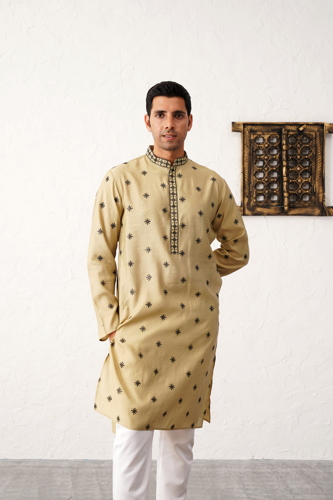 Beige Silk Embroidered Kurta Pajama Set