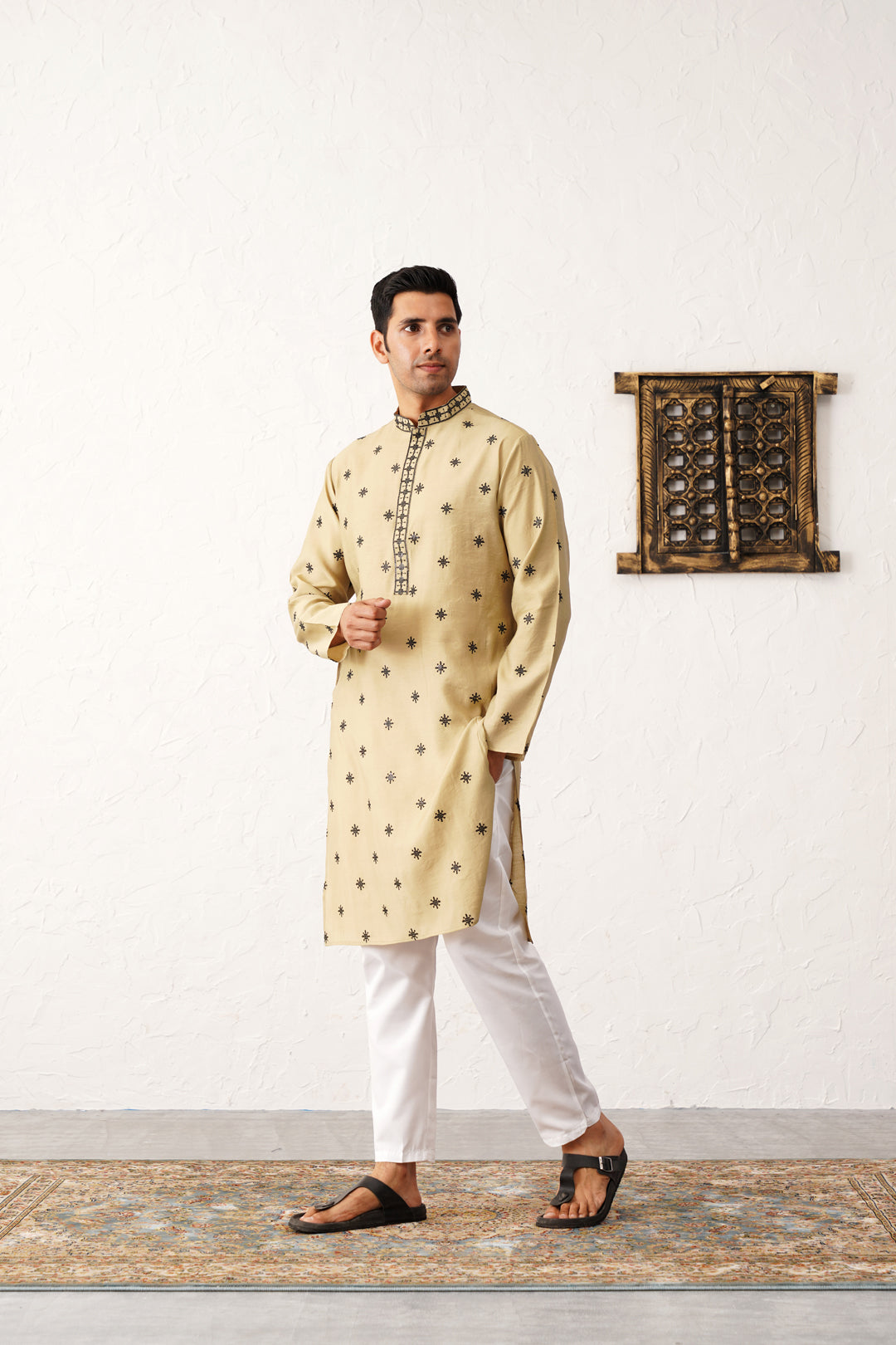 Beige Silk Embroidered Kurta Pajama Set