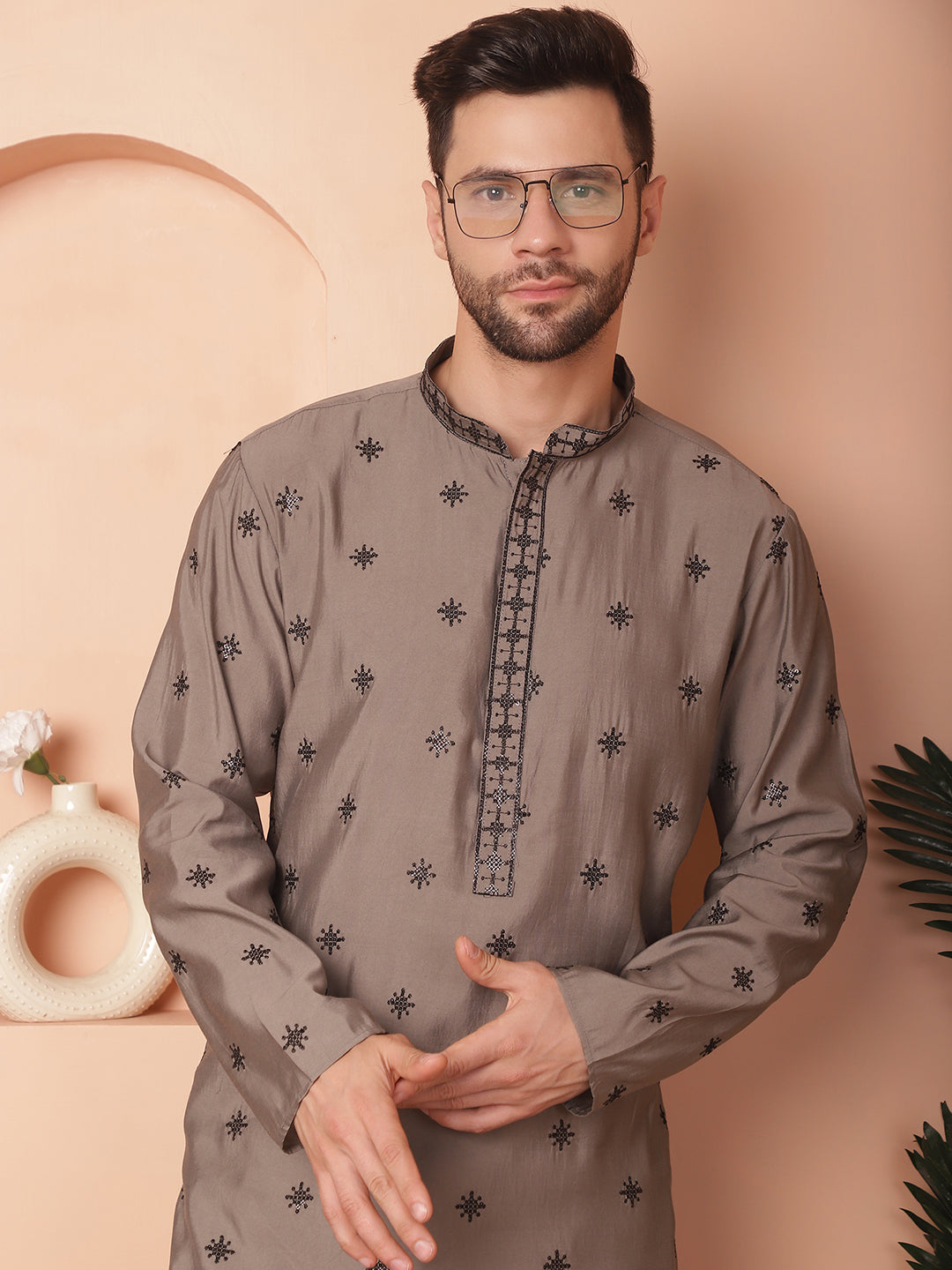 Gray Silk Embroidered Kurta Pajama Set