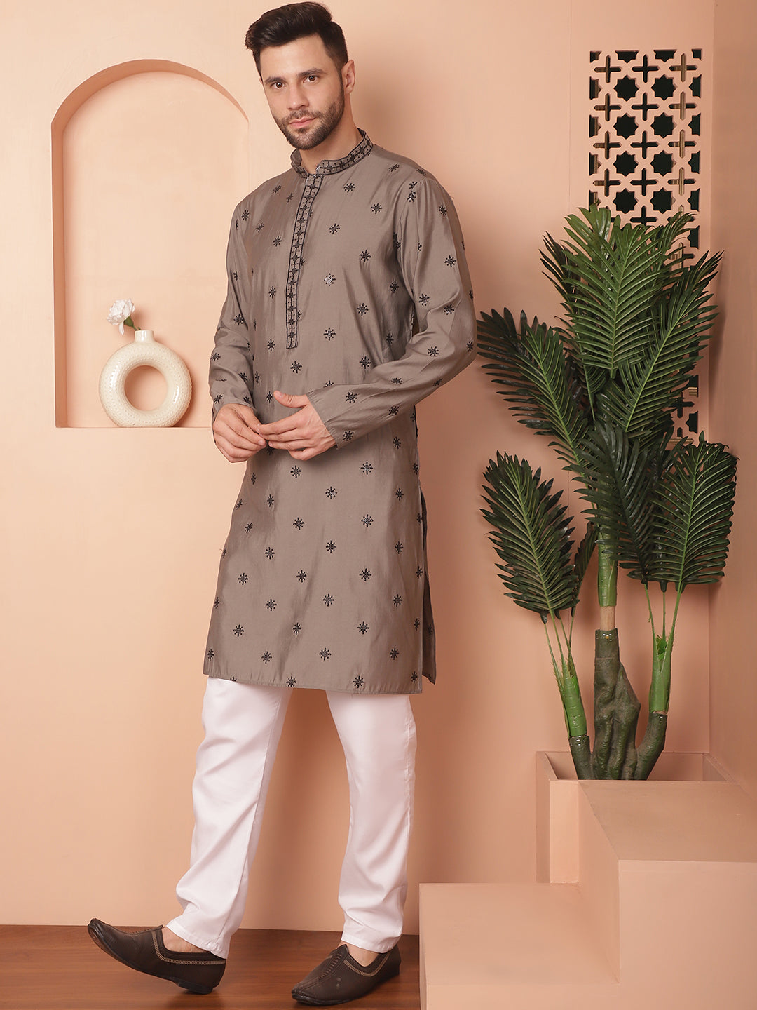 Gray Silk Embroidered Kurta Pajama Set