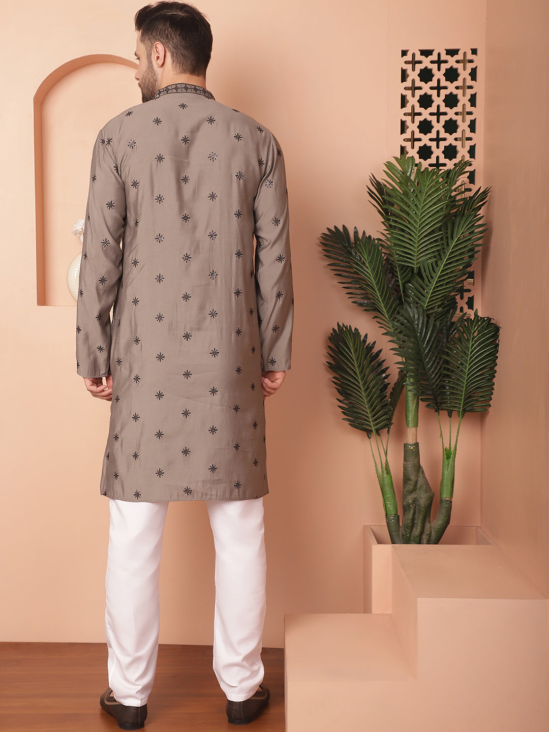 Gray Silk Embroidered Kurta Pajama Set