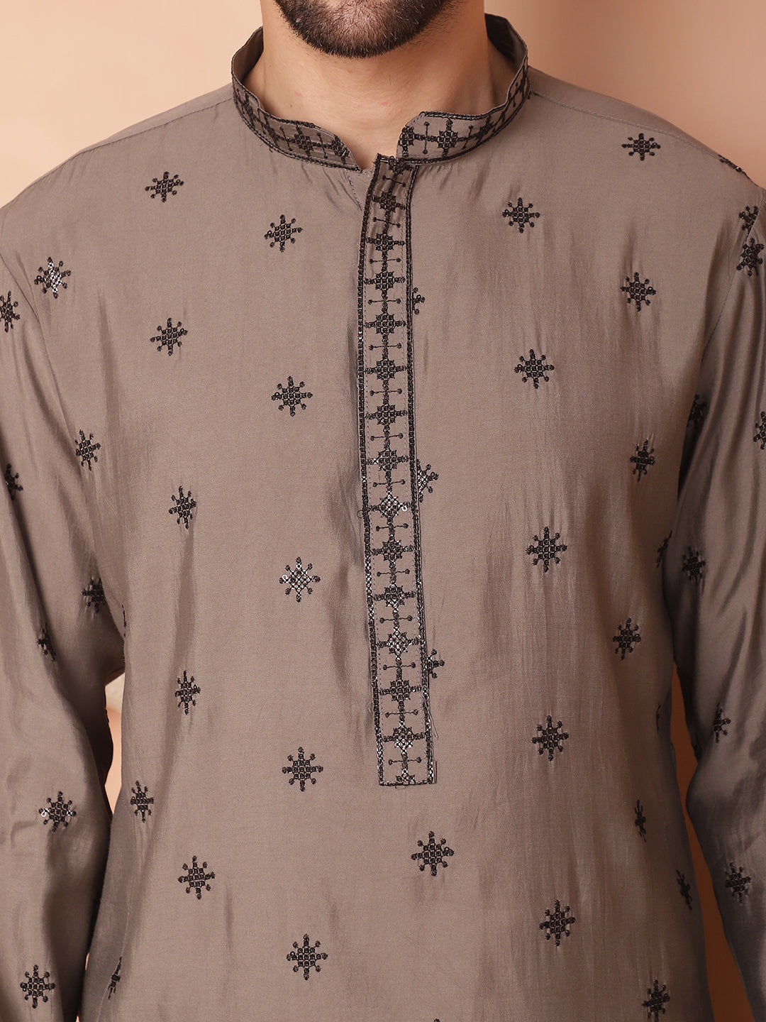 Gray Silk Embroidered Kurta Pajama Set