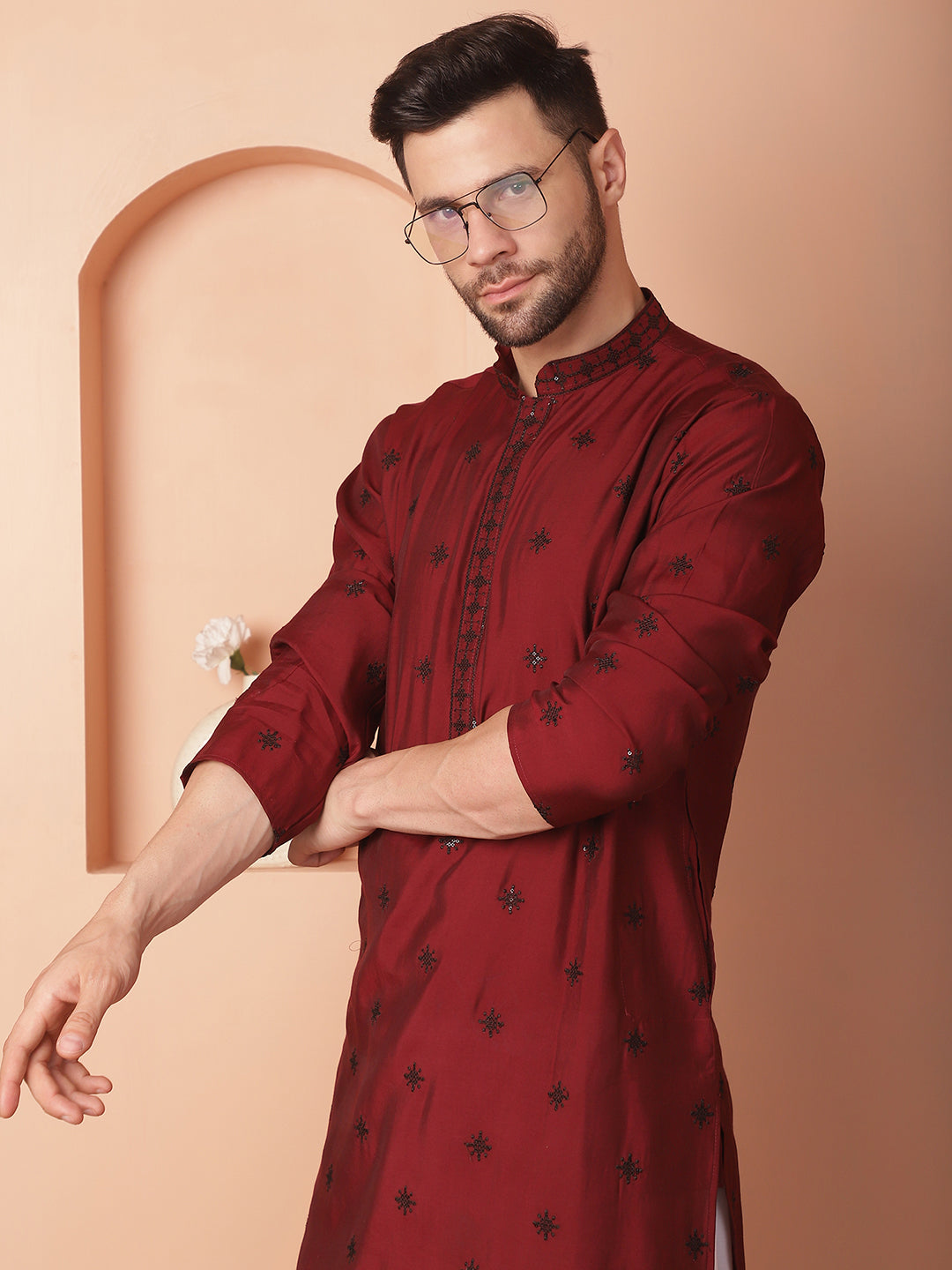 Red Silk Mirror Sequin Embroidered Kurta Pajama Set