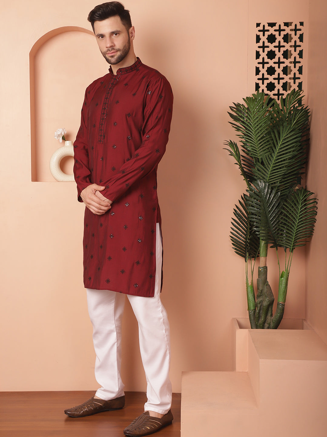 Red Silk Mirror Sequin Embroidered Kurta Pajama Set