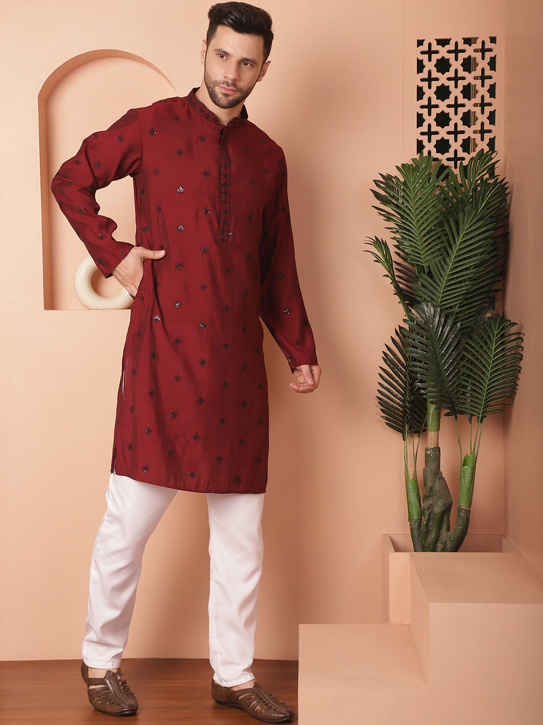 Red Silk Mirror Sequin Embroidered Kurta Pajama Set