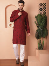 Red Silk Mirror Sequin Embroidered Kurta Pajama Set