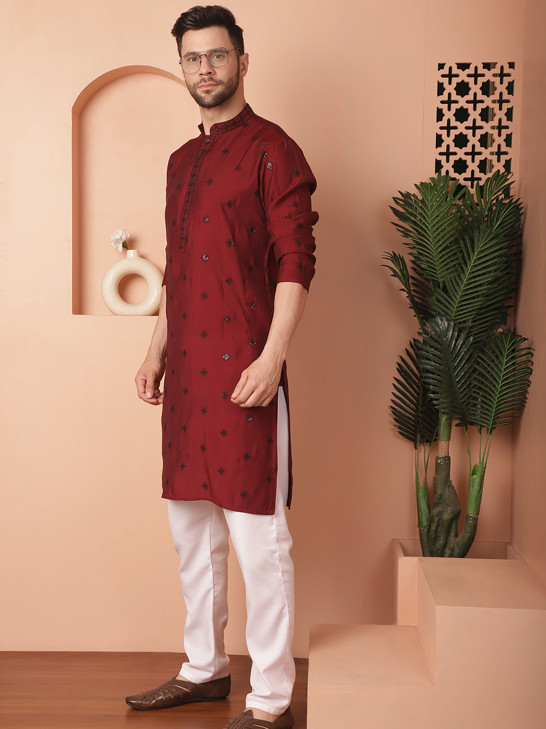 Red Silk Mirror Sequin Embroidered Kurta Pajama Set