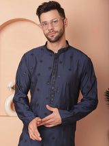 Navy Blue Silk Mirror Sequin Embroidered Kurta Pajama Set