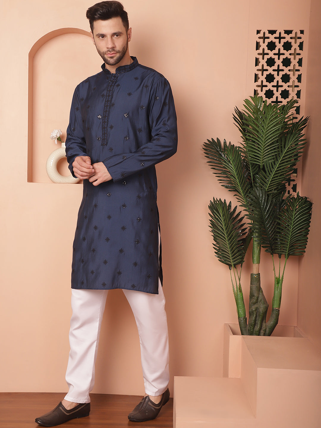 Navy Blue Silk Mirror Sequin Embroidered Kurta Pajama Set