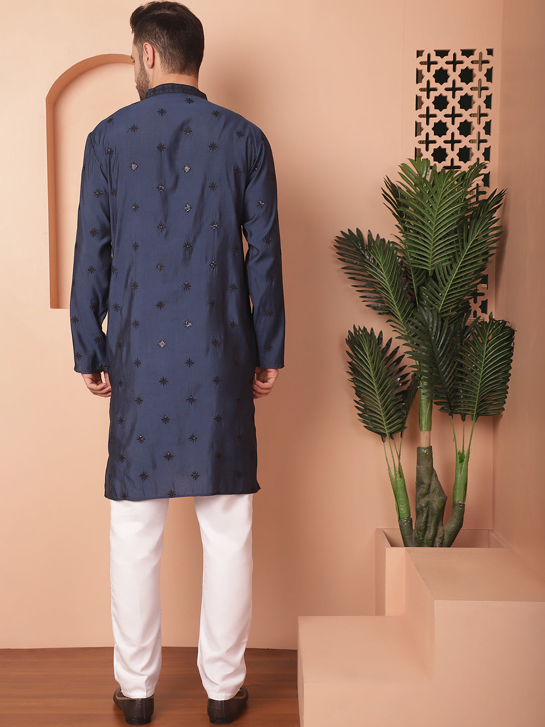 Navy Blue Silk Mirror Sequin Embroidered Kurta Pajama Set