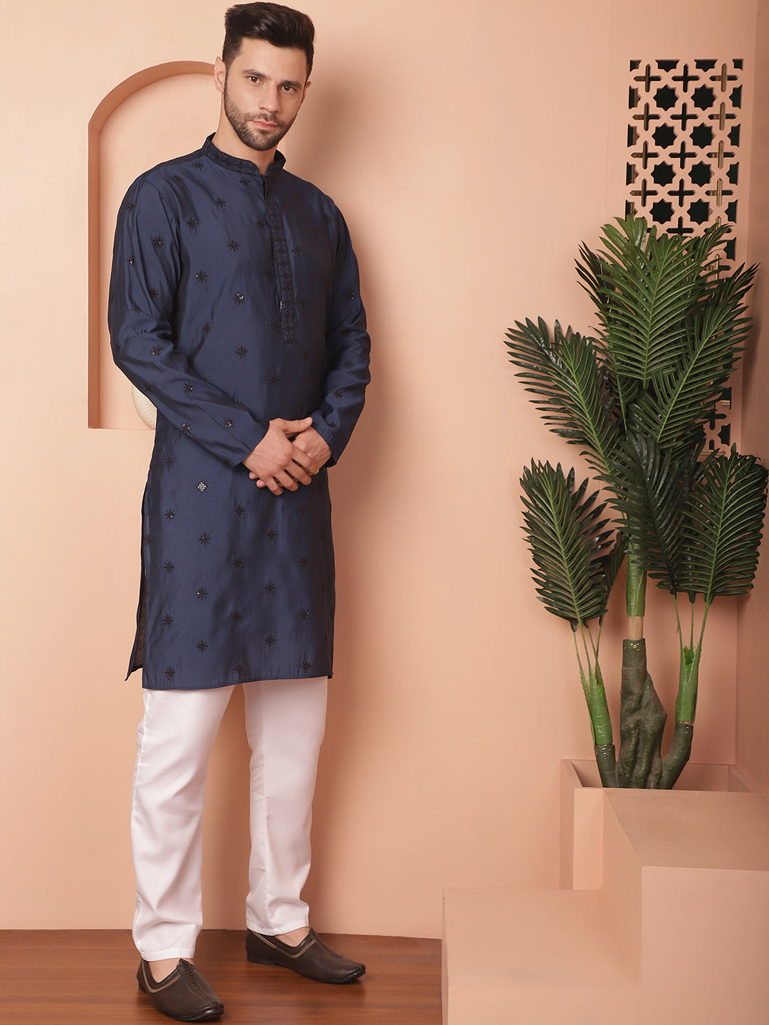 Navy Blue Silk Mirror Sequin Embroidered Kurta Pajama Set