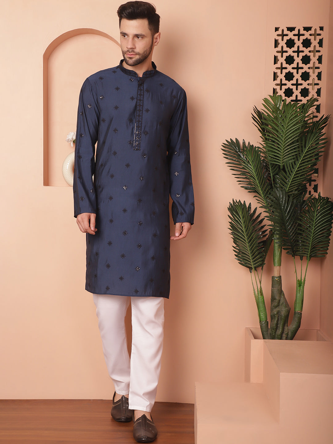 Navy Blue Silk Mirror Sequin Embroidered Kurta Pajama Set